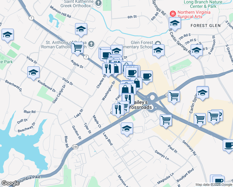map of restaurants, bars, coffee shops, grocery stores, and more near 3432 Payne Street in Falls Church