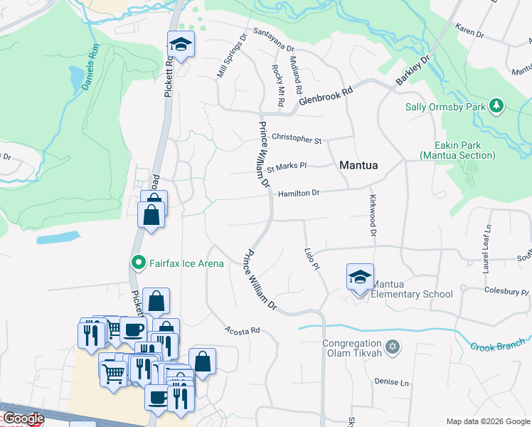 map of restaurants, bars, coffee shops, grocery stores, and more near 3510 Prince William Drive in Fairfax