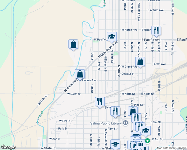map of restaurants, bars, coffee shops, grocery stores, and more near 616 North 13th Street in Salina
