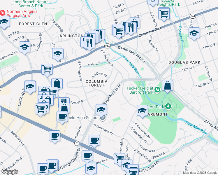 map of restaurants, bars, coffee shops, grocery stores, and more near 5053 12th Street South in Arlington