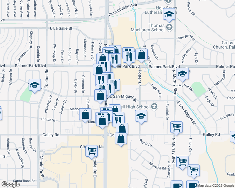 map of restaurants, bars, coffee shops, grocery stores, and more near 3912 E San Miguel St in Colorado Springs