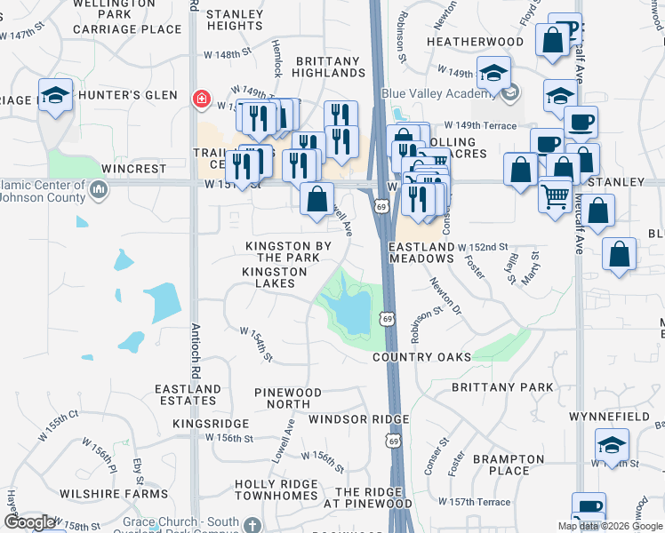map of restaurants, bars, coffee shops, grocery stores, and more near 8003 West 152nd Terrace in Overland Park