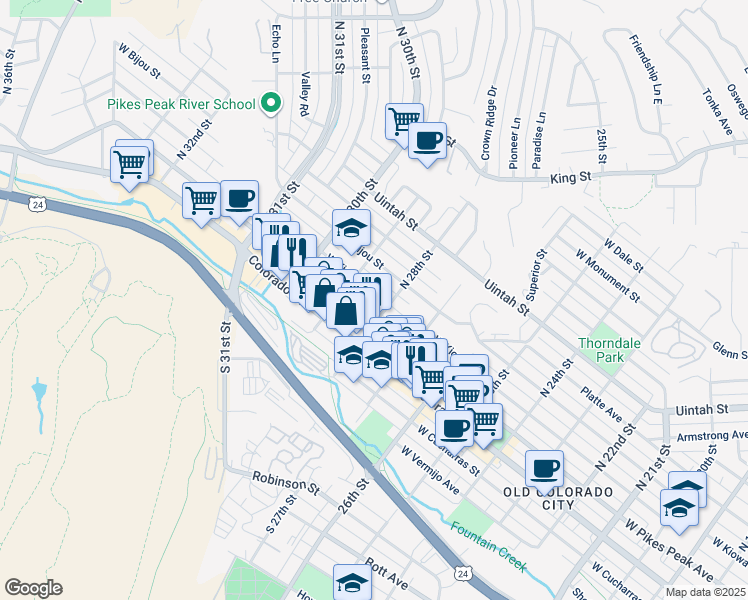 map of restaurants, bars, coffee shops, grocery stores, and more near 2809 West Kiowa Street in Colorado Springs