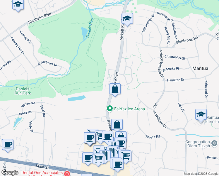 map of restaurants, bars, coffee shops, grocery stores, and more near 3500 Pickett Road in Fairfax