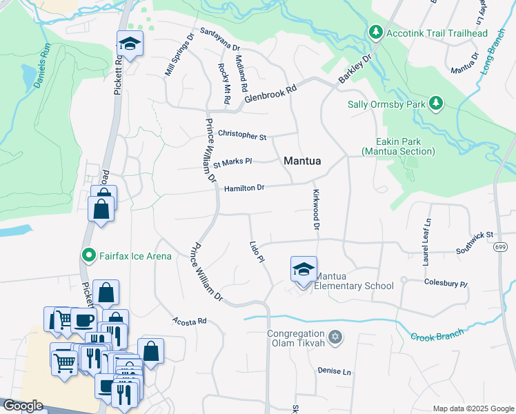 map of restaurants, bars, coffee shops, grocery stores, and more near 9116 Coronado Terrace in Fairfax