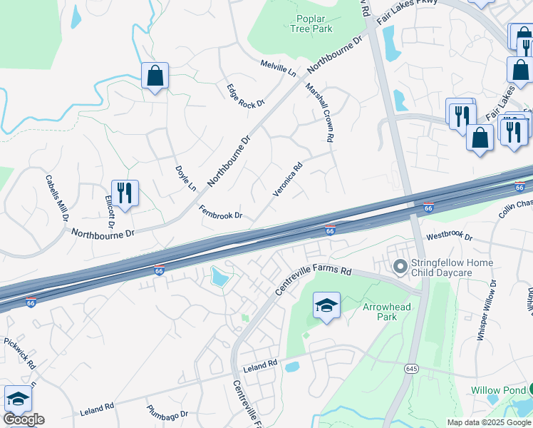 map of restaurants, bars, coffee shops, grocery stores, and more near 5127 Veronica Road in Centreville