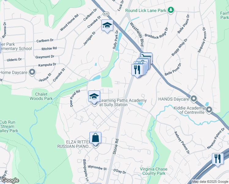map of restaurants, bars, coffee shops, grocery stores, and more near 14604 Woodspring Court in Centreville