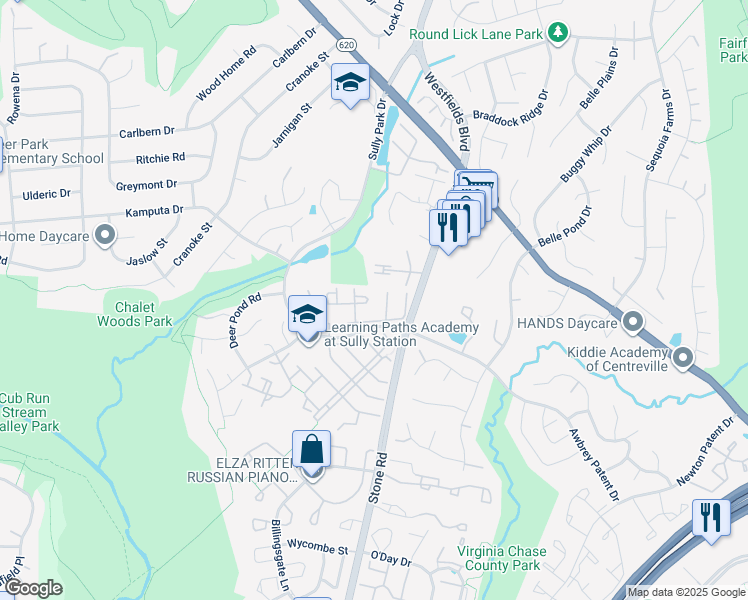 map of restaurants, bars, coffee shops, grocery stores, and more near 14604 Woodspring Court in Centreville