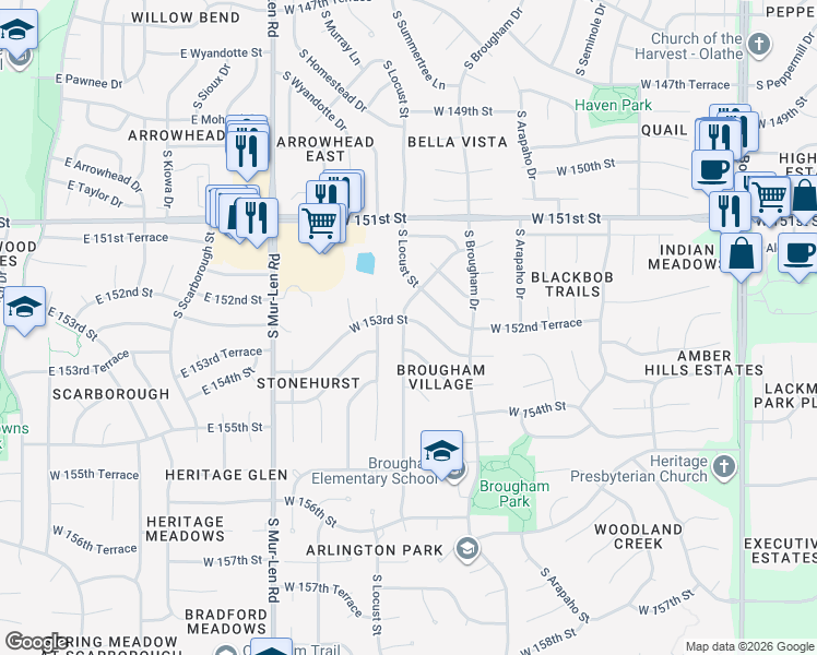 map of restaurants, bars, coffee shops, grocery stores, and more near 16117 W 153rd St in Olathe