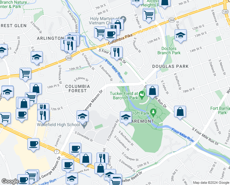 map of restaurants, bars, coffee shops, grocery stores, and more near 1308 South Buchanan Street in Arlington