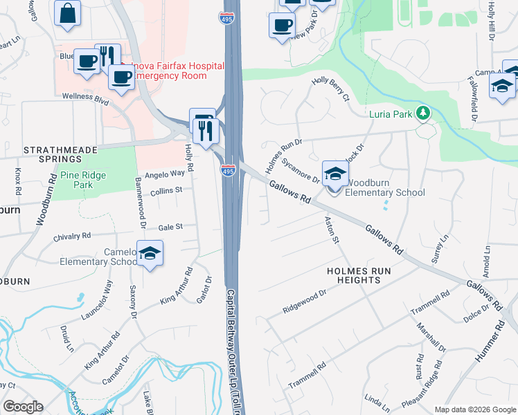 map of restaurants, bars, coffee shops, grocery stores, and more near 7908 Towerbell Court in Annandale