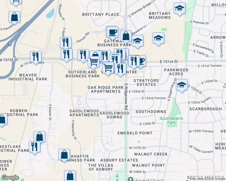 map of restaurants, bars, coffee shops, grocery stores, and more near 18615 West 152nd Terrace in Olathe