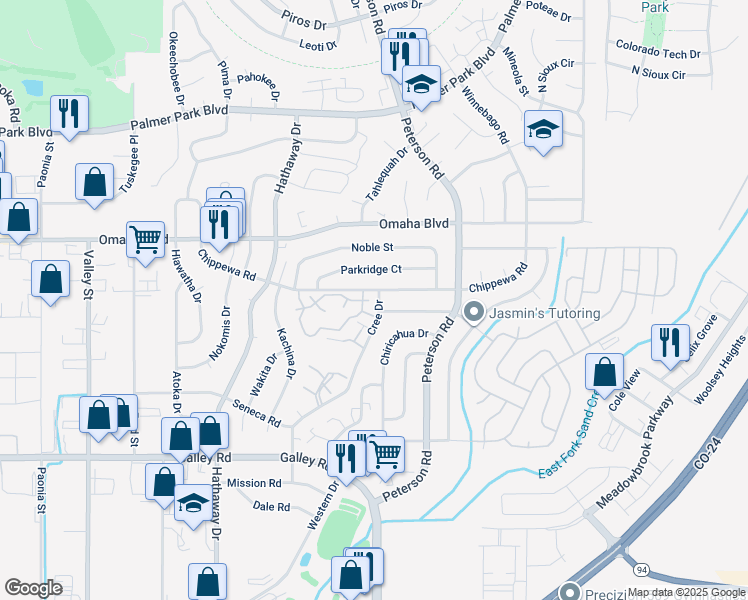 map of restaurants, bars, coffee shops, grocery stores, and more near 1363 Soaring Eagle Drive in Colorado Springs