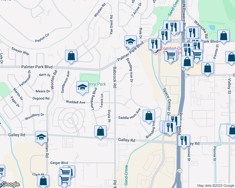 map of restaurants, bars, coffee shops, grocery stores, and more near 5310 Babcock Terrace in Colorado Springs