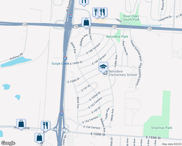 map of restaurants, bars, coffee shops, grocery stores, and more near 6111 East 150th Street in Grandview