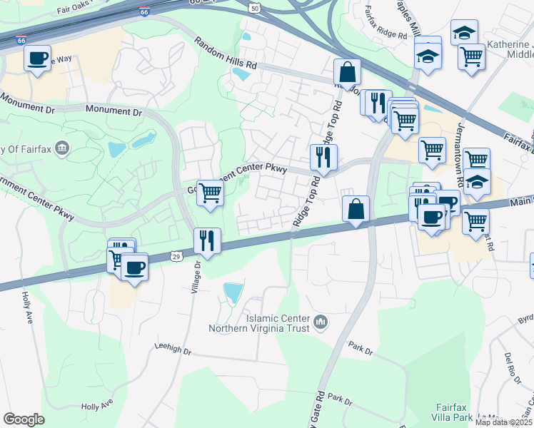 map of restaurants, bars, coffee shops, grocery stores, and more near 11592B Cavalier Landing Court in Fairfax