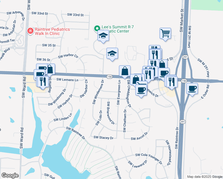 map of restaurants, bars, coffee shops, grocery stores, and more near 422 Southwest Windmill Lane in Lee's Summit
