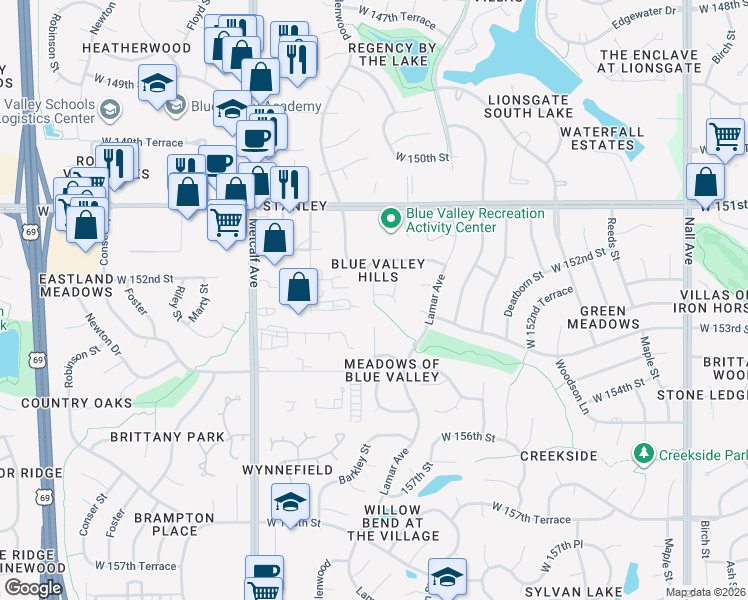 map of restaurants, bars, coffee shops, grocery stores, and more near Glenwood in Overland Park