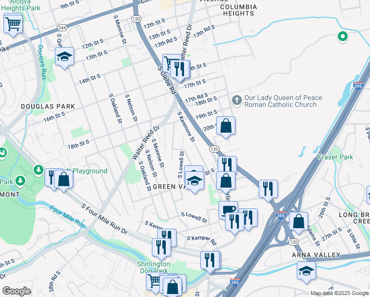 map of restaurants, bars, coffee shops, grocery stores, and more near 2001 South Lowell Street in Arlington