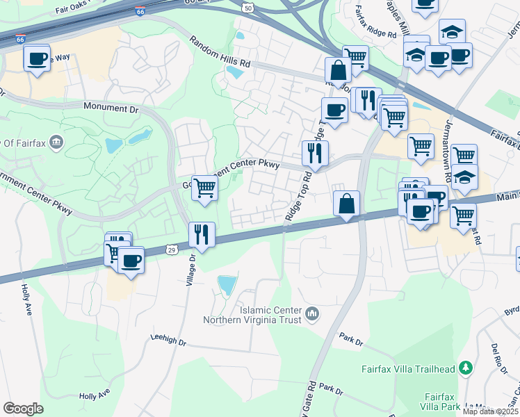 map of restaurants, bars, coffee shops, grocery stores, and more near 11596A Cavalier Landing Court in Fairfax