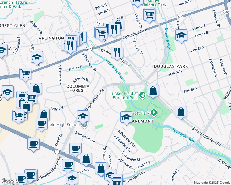 map of restaurants, bars, coffee shops, grocery stores, and more near 1308 South Buchanan Street in Arlington