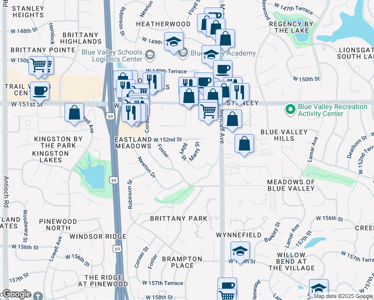 map of restaurants, bars, coffee shops, grocery stores, and more near 15207 Riley Street in Overland Park
