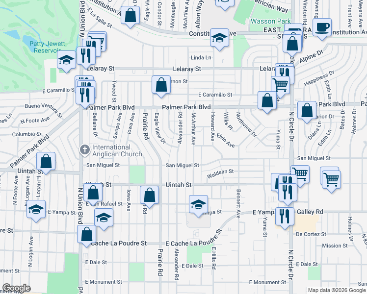 map of restaurants, bars, coffee shops, grocery stores, and more near 1323 Alexander Road in Colorado Springs