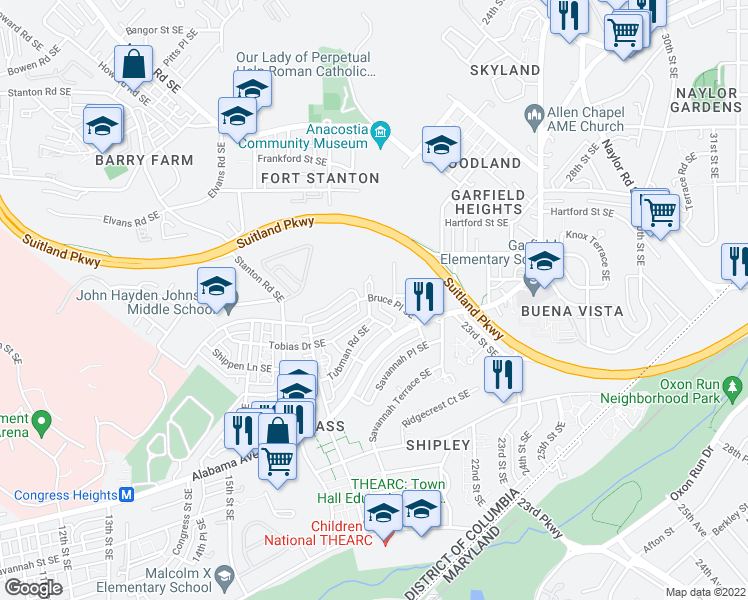 map of restaurants, bars, coffee shops, grocery stores, and more near 1918 Bruce Place Southeast in Washington