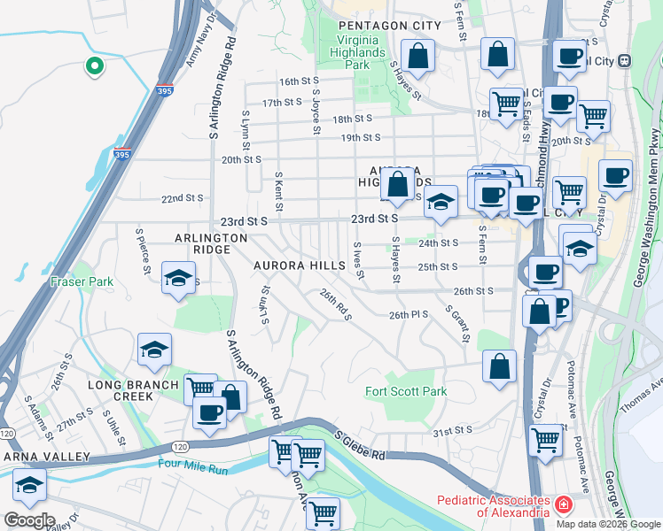 map of restaurants, bars, coffee shops, grocery stores, and more near 939 26th Street South in Arlington