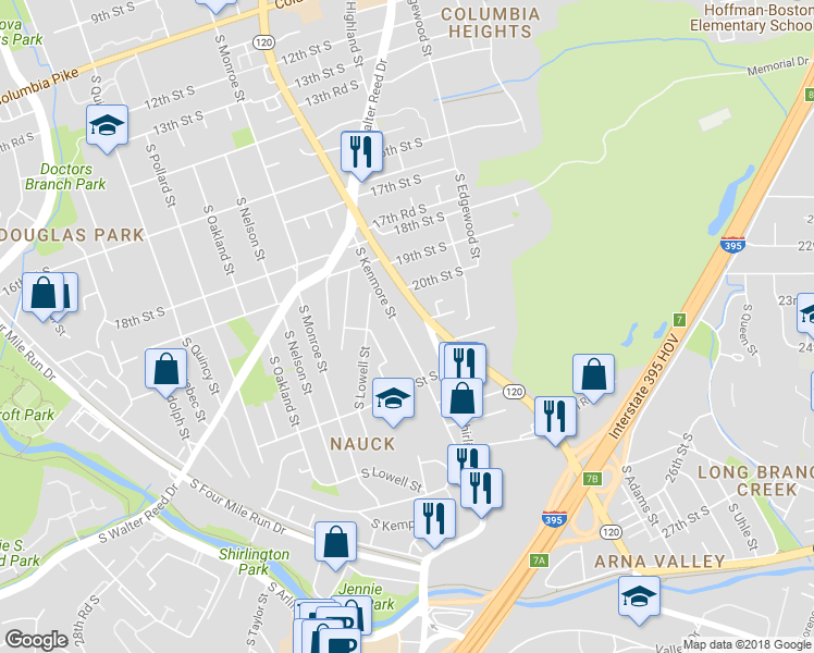 map of restaurants, bars, coffee shops, grocery stores, and more near 2001 South Kenmore Street in Arlington