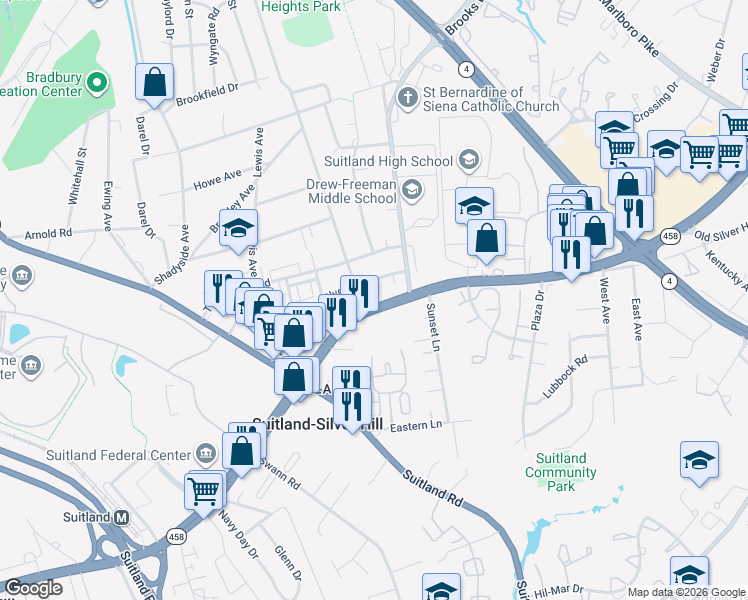 map of restaurants, bars, coffee shops, grocery stores, and more near 5004 Silver Hill Road in Hillcrest Heights