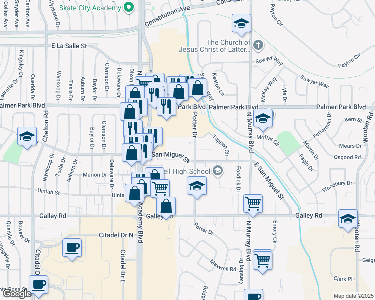 map of restaurants, bars, coffee shops, grocery stores, and more near 3920 East San Miguel Street in Colorado Springs