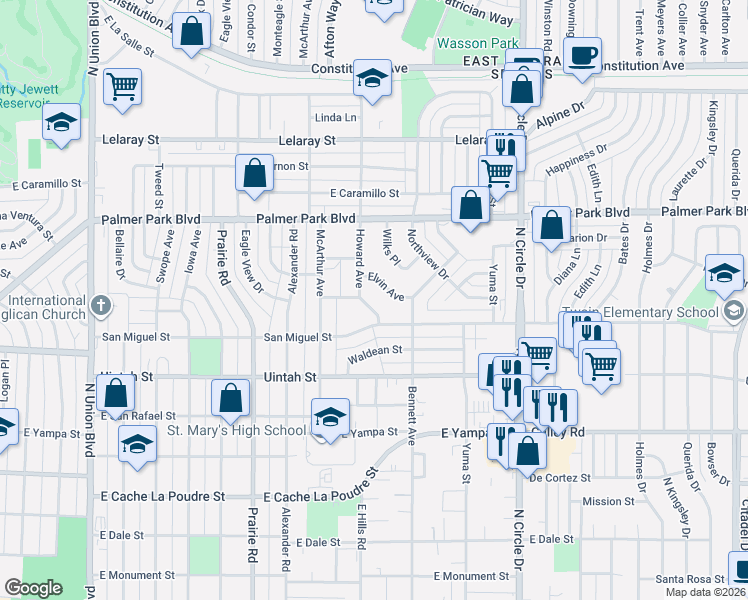 map of restaurants, bars, coffee shops, grocery stores, and more near 1331 Howard Avenue in Colorado Springs
