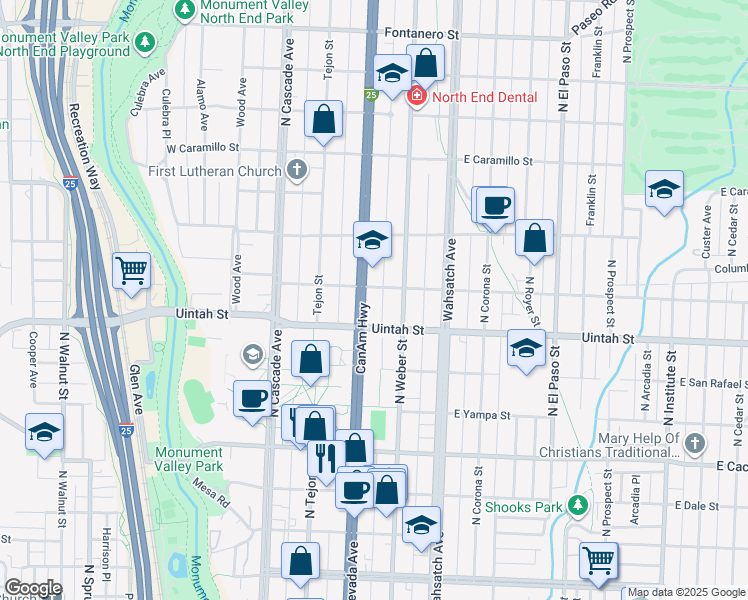 map of restaurants, bars, coffee shops, grocery stores, and more near 1231 North Nevada Avenue in Colorado Springs