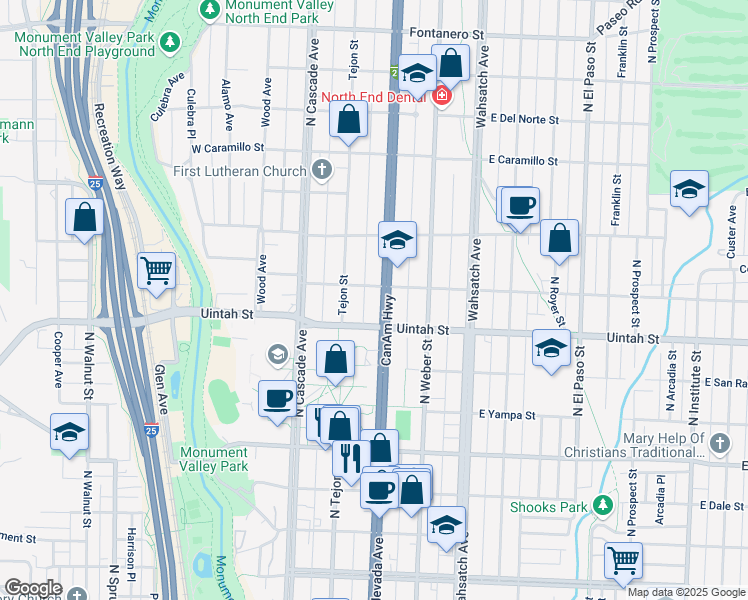 map of restaurants, bars, coffee shops, grocery stores, and more near 1224 North Nevada Avenue in Colorado Springs