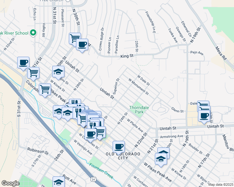 map of restaurants, bars, coffee shops, grocery stores, and more near 2511 West Saint Vrain Street in Colorado Springs