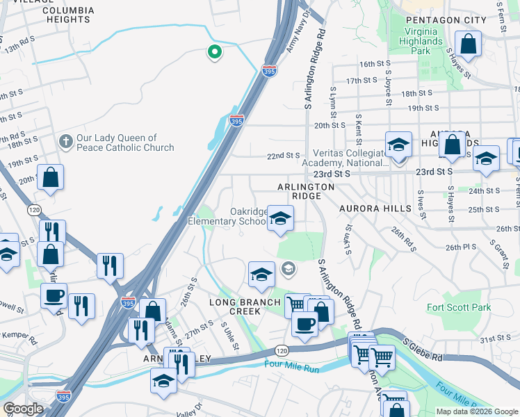 map of restaurants, bars, coffee shops, grocery stores, and more near 2337 South Pierce Street in Arlington
