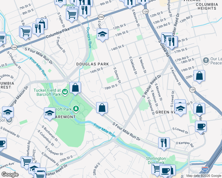 map of restaurants, bars, coffee shops, grocery stores, and more near 4030 18th Street South in Arlington
