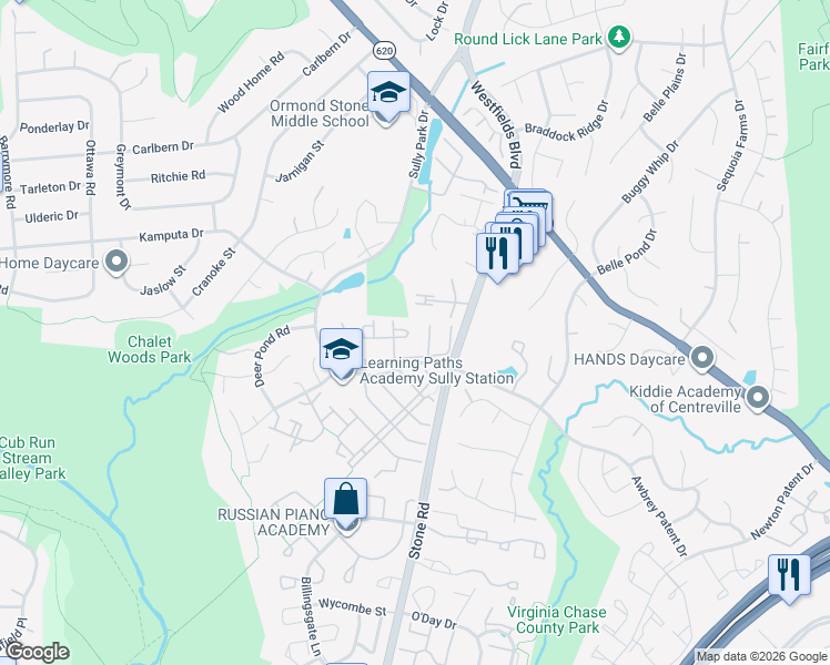 map of restaurants, bars, coffee shops, grocery stores, and more near 14606 Woodspring Court in Centreville