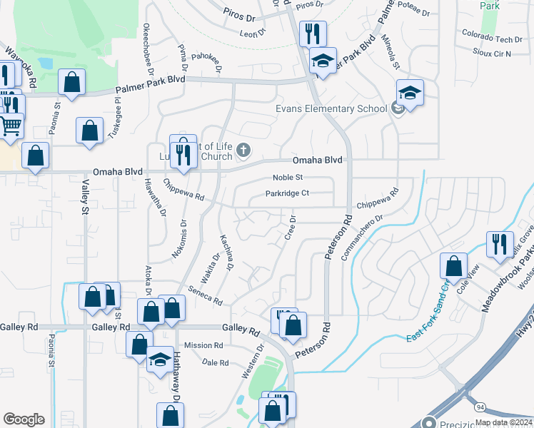 map of restaurants, bars, coffee shops, grocery stores, and more near 6657 Proud Eagle Court in Colorado Springs