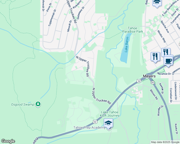 map of restaurants, bars, coffee shops, grocery stores, and more near 2184 Oaxaco Street in South Lake Tahoe