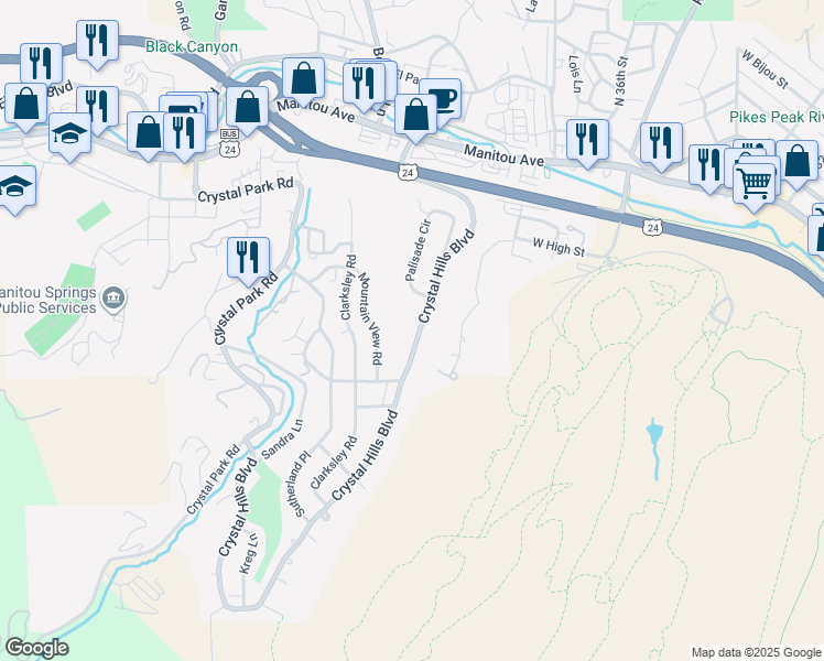 map of restaurants, bars, coffee shops, grocery stores, and more near 208 Crystal Hills Boulevard in Manitou Springs