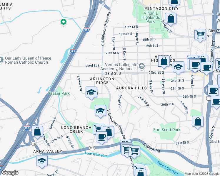 map of restaurants, bars, coffee shops, grocery stores, and more near 2347 South Arlington Ridge Road in Arlington