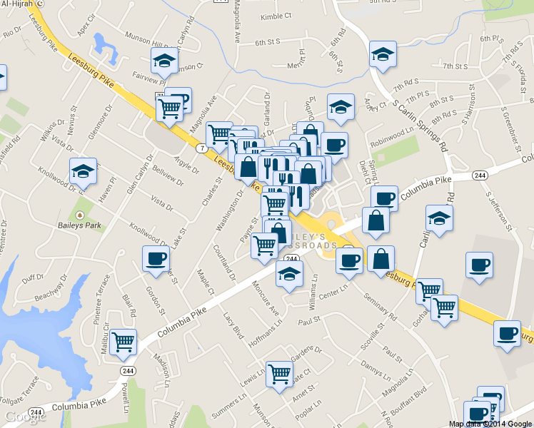 map of restaurants, bars, coffee shops, grocery stores, and more near 3427 Payne Street in Falls Church
