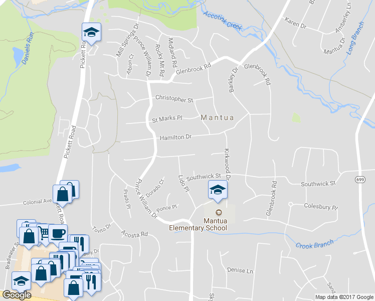 map of restaurants, bars, coffee shops, grocery stores, and more near 9114 Coronado Terrace in Fairfax