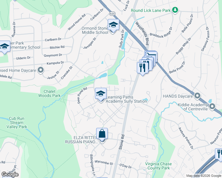 map of restaurants, bars, coffee shops, grocery stores, and more near 14720 Winterfield Court in Centreville
