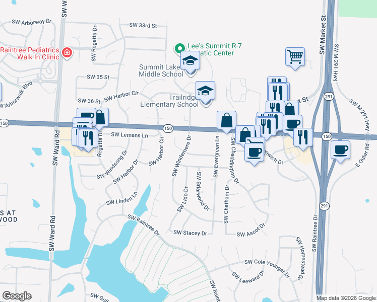map of restaurants, bars, coffee shops, grocery stores, and more near 504 Southwest Windmill Lane in Lee's Summit