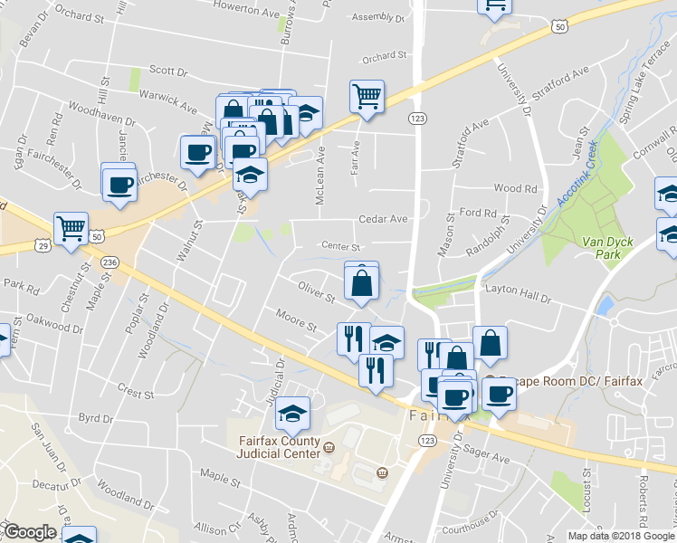map of restaurants, bars, coffee shops, grocery stores, and more near 10614 Springmann Drive in Fairfax