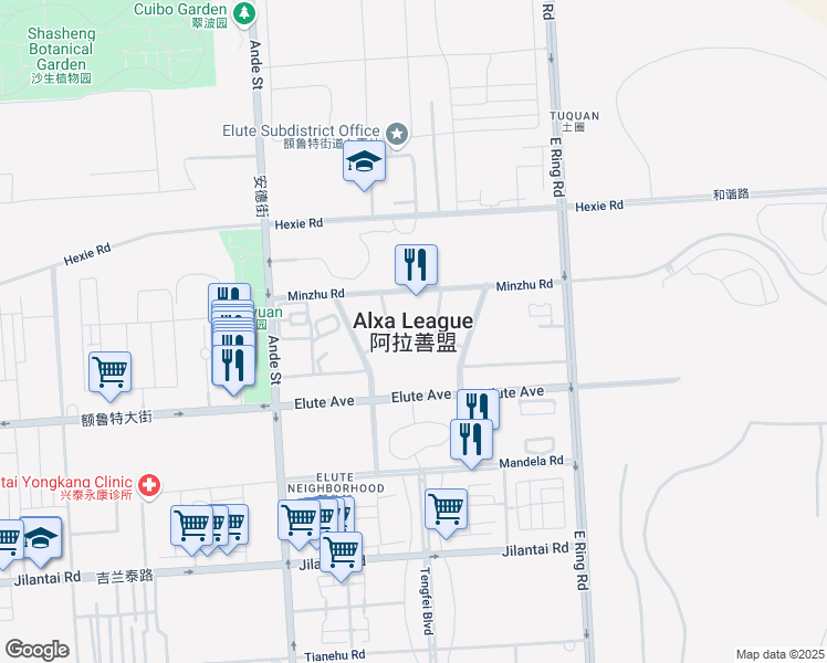 map of restaurants, bars, coffee shops, grocery stores, and more near in Alxa League