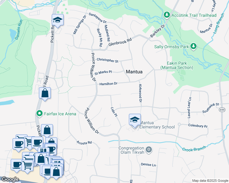 map of restaurants, bars, coffee shops, grocery stores, and more near 9116 Coronado Terrace in Fairfax